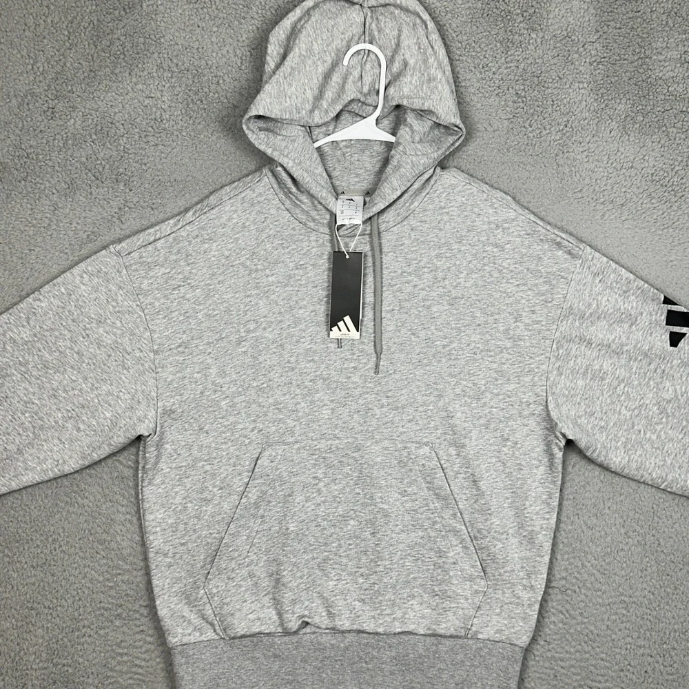 NEW Adidas Hoodie Mens Small Pullover Fleece Grey Heather Sweatshirt Logo Pocket